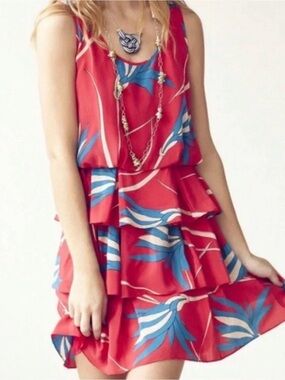 BOGO Sariah Red Floral Tiered Mini Dress with Teal & White Print